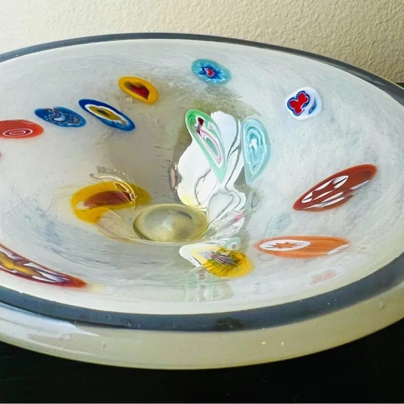 Vintage Lavorazione Murano Millefiori White Glass CenterPiece Bowl Italy